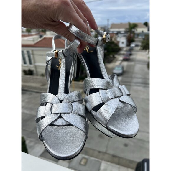 Yves St. Laurent Tribute metallic silver platfrom t-strap sandals open toe 39.5 - Picture 10 of 16